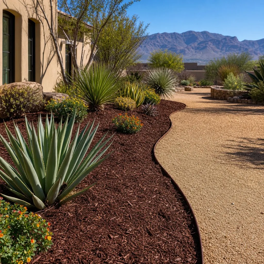 Bed edging and weed suppression detail in El Paso